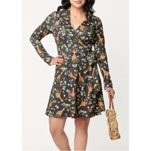 Unique Vintage Giraffe & Strawberry Print Wrap‎ Dress Medium